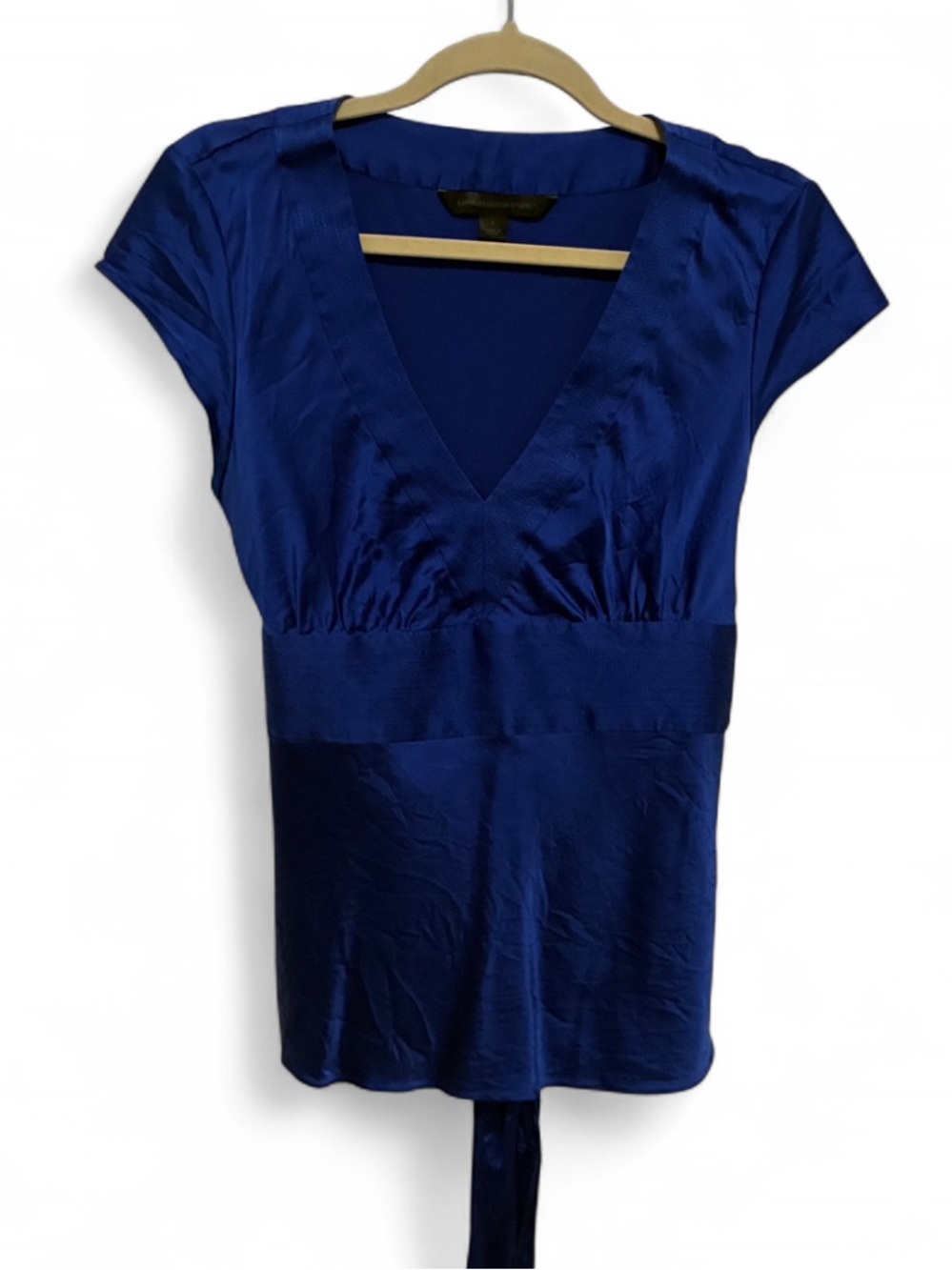 Y2K Express Dark Blue Satin V-Neck Tie Back Cap Sleeve Top